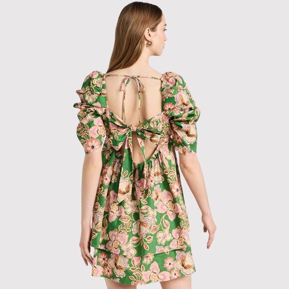 Misa Dress Green Kate Mini Ruched Puffed Floral Pintuck Tie Back A Line Boho XS - Picture 3 of 13